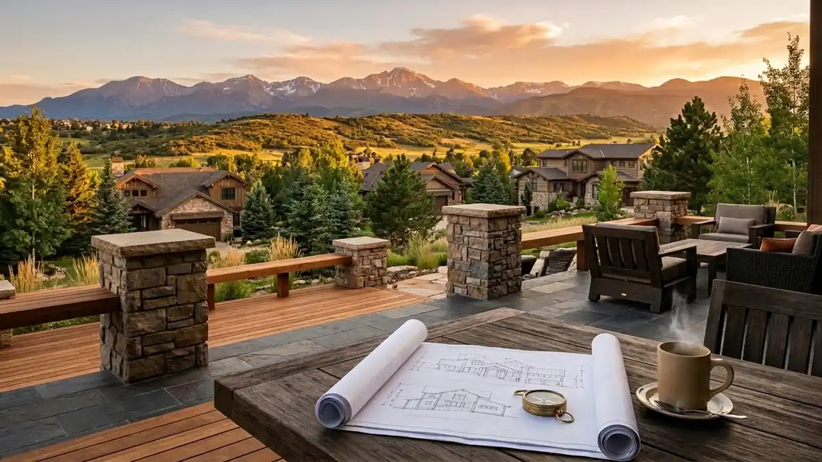 Architectural blueprints and compass on a custom wood and stone deck overlooking Highlands Ranch homes and the Colorado Front Range - 1031 Exchange guide for Highlands Ranch and Douglas County real estate investors by Saber Amine.