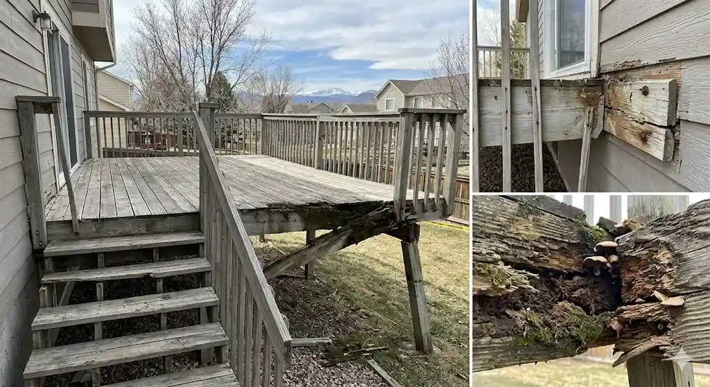 Close-up of an aging 1990s residential wood deck ledger board and framing in Highlands Ranch, Colorado.