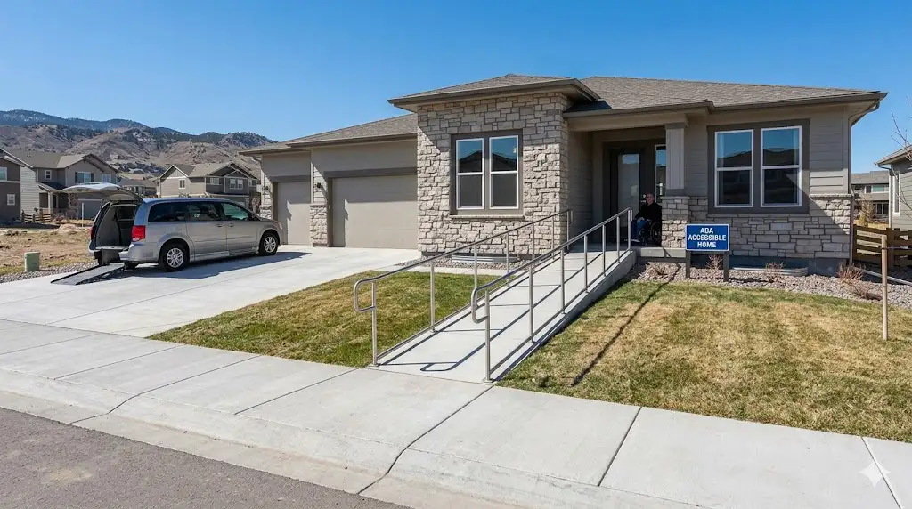 Front exterior view of an ADA accessible single-family home in Highlands Ranch, Colorado featuring a zero-step entry and mobility-friendly design.