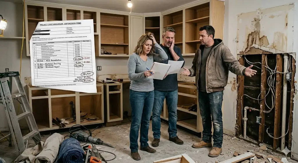 Kitchen remodeling project in a Highlands Ranch, Colorado home showing exposed framing, electrical rough-in, and open-concept island plumbing.