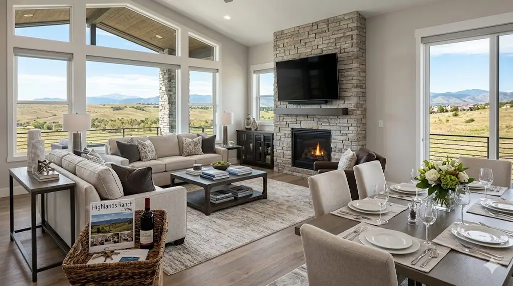 Fully furnished, move-in ready living room of a turnkey home in Highlands Ranch.