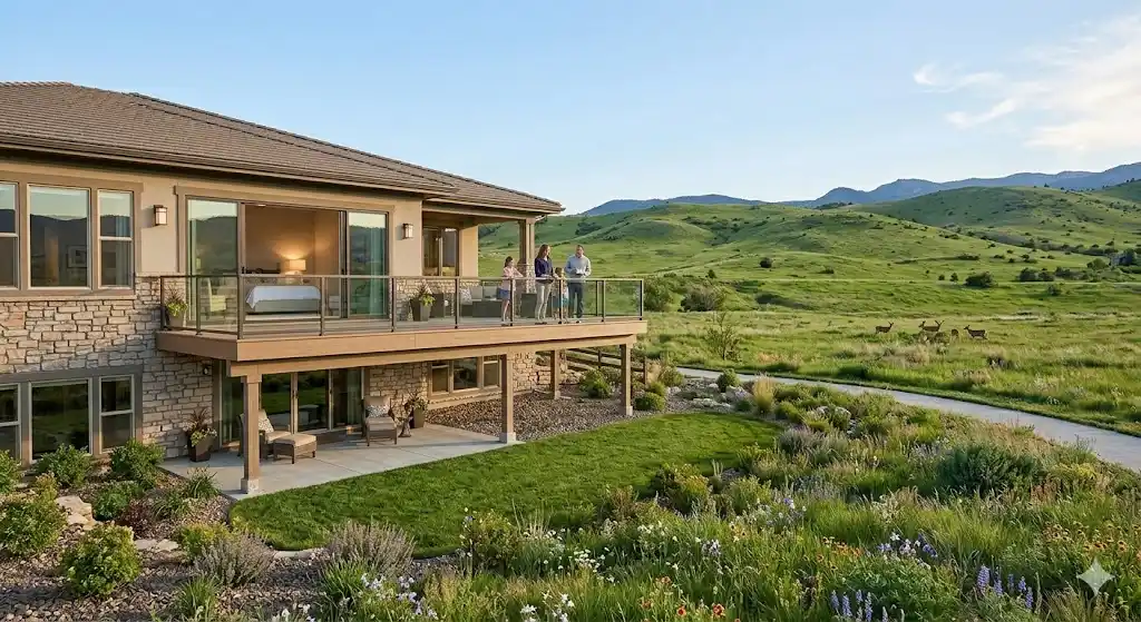 Highlands Ranch homes backing to a natural greenbelt and open space trail with mountain views