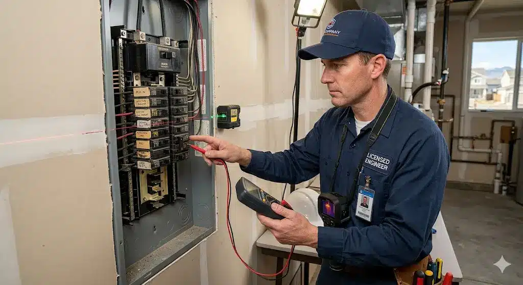 A professional inspecting an open residential electrical breaker panel in a Highlands Ranch, Colorado home.