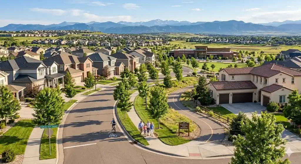 Aerial view of Highlands Ranch Colorado neighborhoods, greenbelt trail corridors, and Front Range mountain views