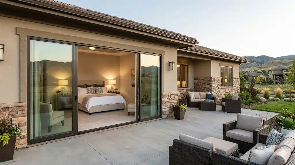 Spacious main-level primary bedroom suite with large windows in a Coventry Ridge ranch-style townhome in Highlands Ranch, CO 80126