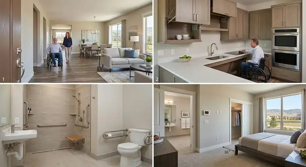 Interior view of an ADA accessible home in Highlands Ranch, Colorado, featuring wide hallways, clear floor space, and mobility-friendly design elements.