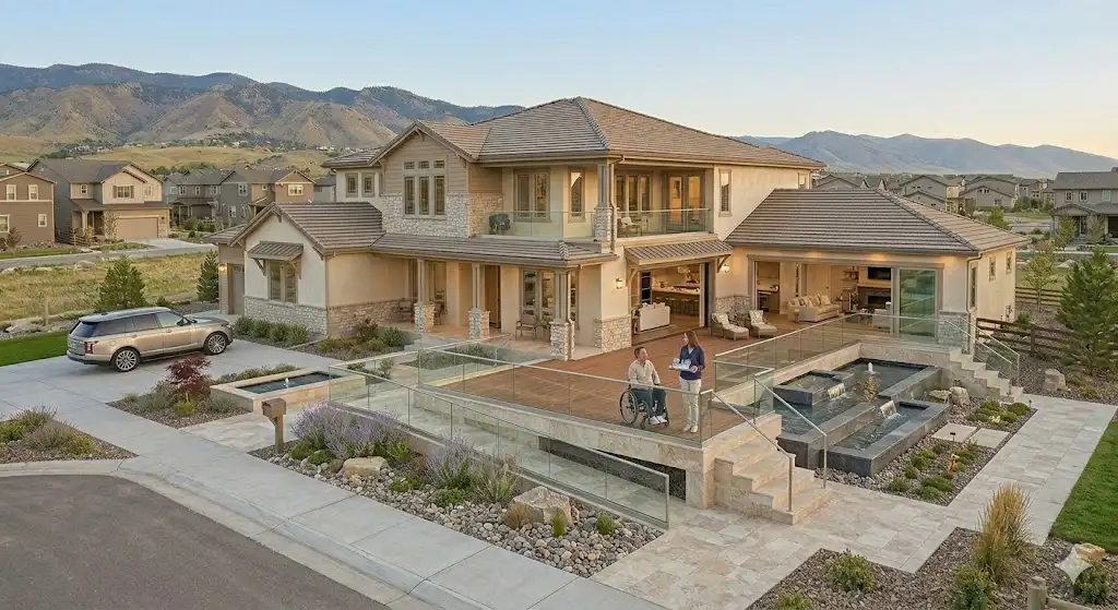 Luxury home in Highlands Ranch, Colorado featuring an expansive custom wrap-around deck overlooking open space and mountain views.