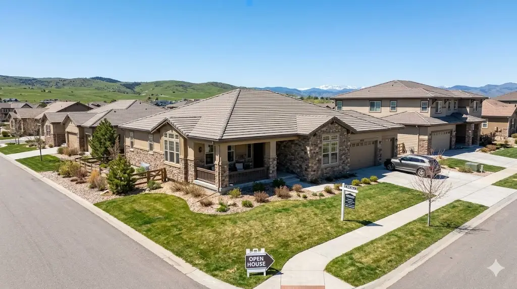 Exterior front view of a classic ranch-style single-story home for sale in a Highlands Ranch, Colorado neighborhood.