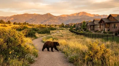 Black bear walking along open space trail near homes in Highlands Ranch Colorado bordering the 8,200-acre Wilderness Area