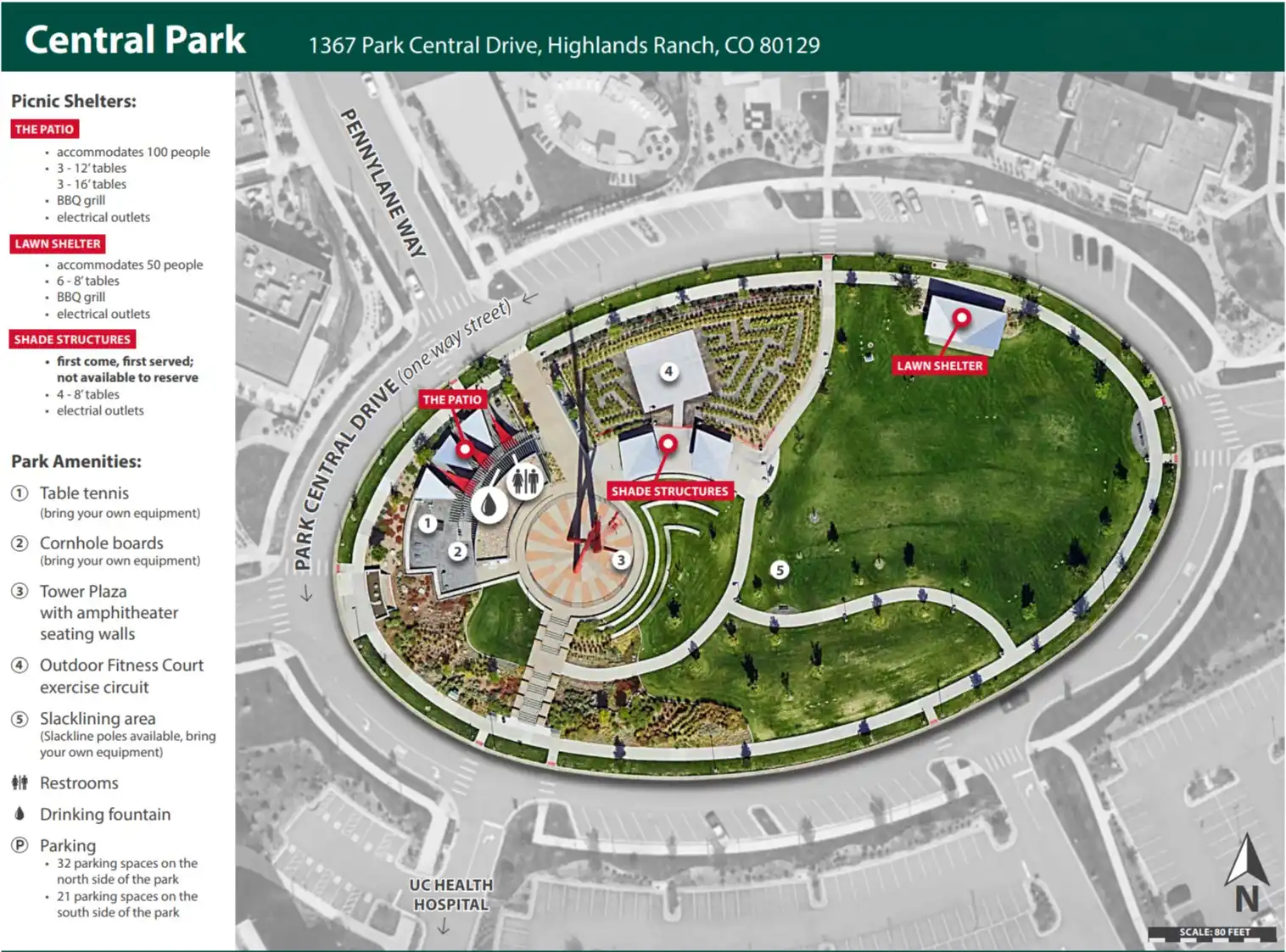 Illustrated layout map of Central Park in Highlands Ranch showing Tower Plaza, Maze Garden, slackline poles, and reservable shelters