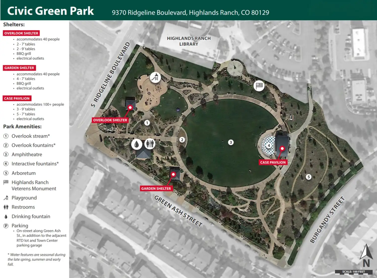 Park map and layout of Civic Green Park at 9370 Ridgeline Blvd. in Highlands Ranch, Colorado showing the Case Pavilion stage, Interactive Plaza splash pad fountains, Overlook Stream, botanical gardens, playground, and Douglas County Library adjacency