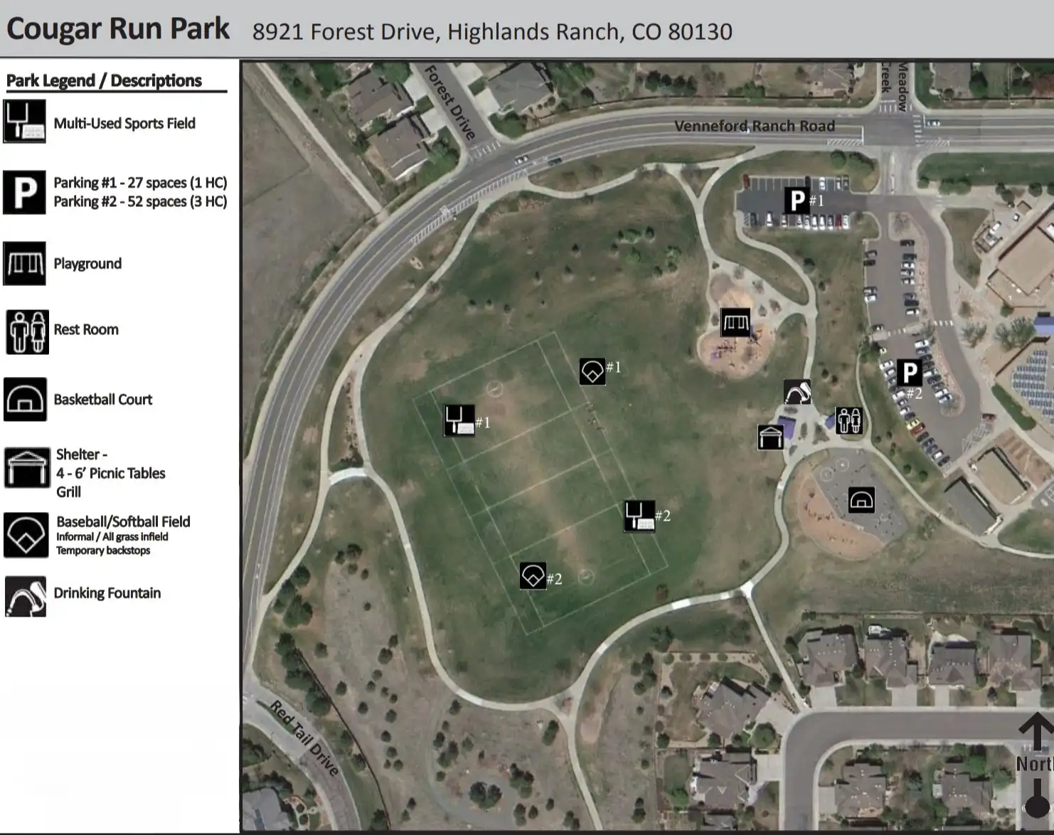 Map and amenity layout of Cougar Run Park at 8810 Venneford Ranch Road in Highlands Ranch showing the playground, 40-person picnic pavilion, multi-use sports fields, restrooms, and trail connections