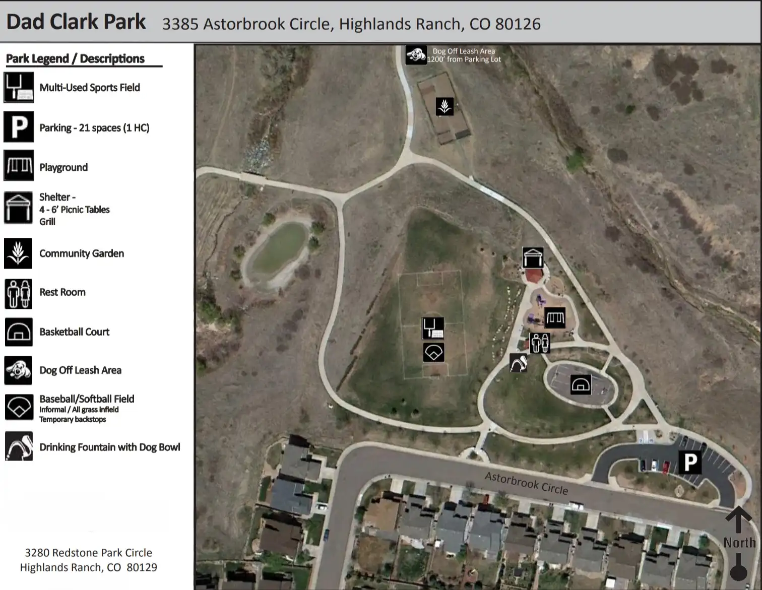 Aerial map and layout of Dad Clark Park at 3385 Astorbrook Circle in Highlands Ranch showing the 19-plot community garden, pavilion, playground, water feature, basketball court, and sports fields
