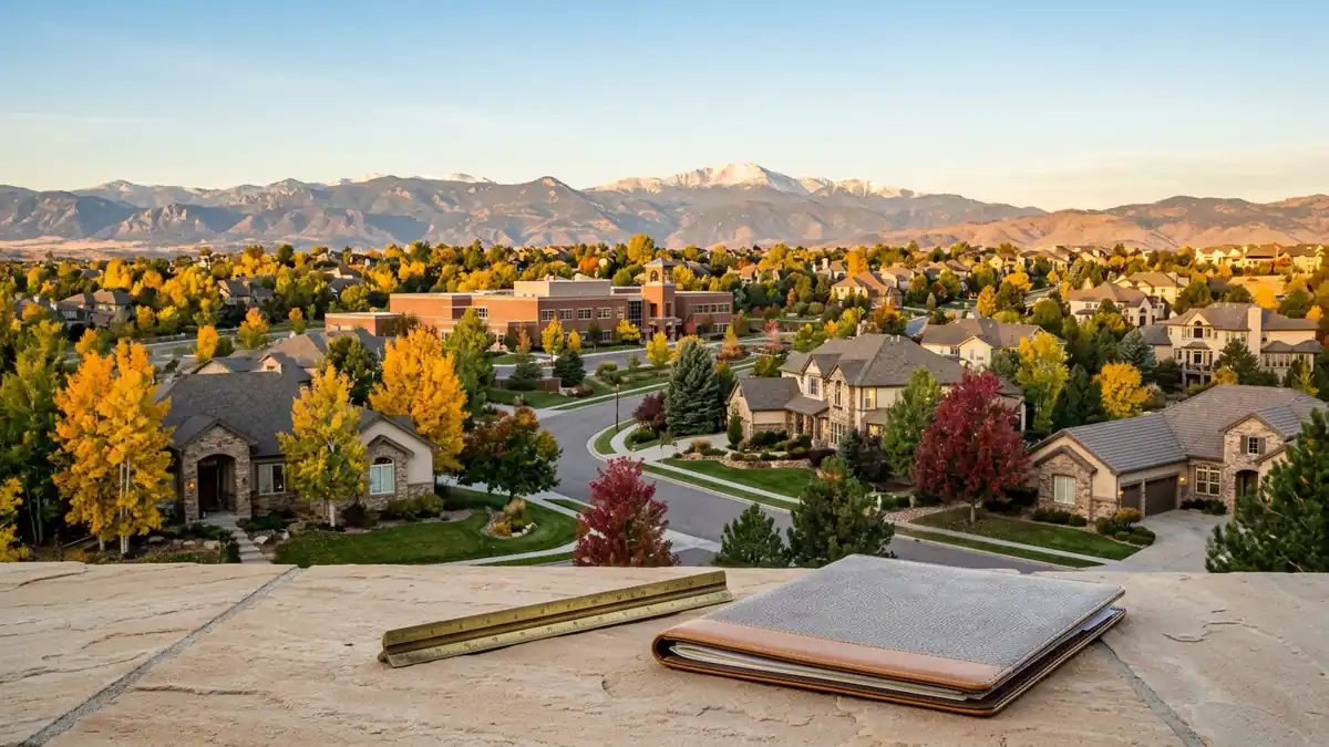 Architectural brass scale ruler and property tax folder on a stone ledge overlooking autumn homes, a community school campus, and the Front Range in Highlands Ranch, Colorado.