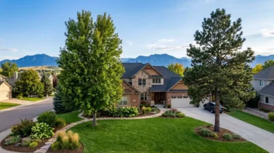 Mature ash and pine trees in front of a Highlands Ranch Colorado home inspected for Emerald Ash Borer and pine beetle damage