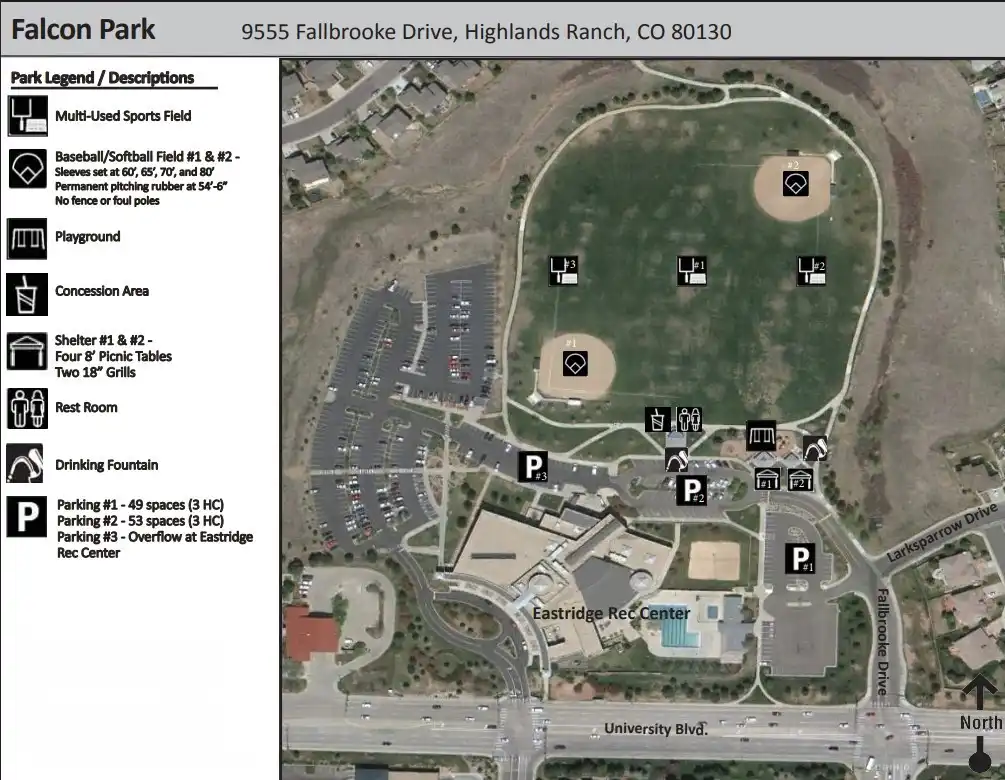 Illustrated layout map of Falcon Park at 9555 Fallbrooke Drive in Highlands Ranch showing the 150-person pavilion, sports fields, playground, and restrooms