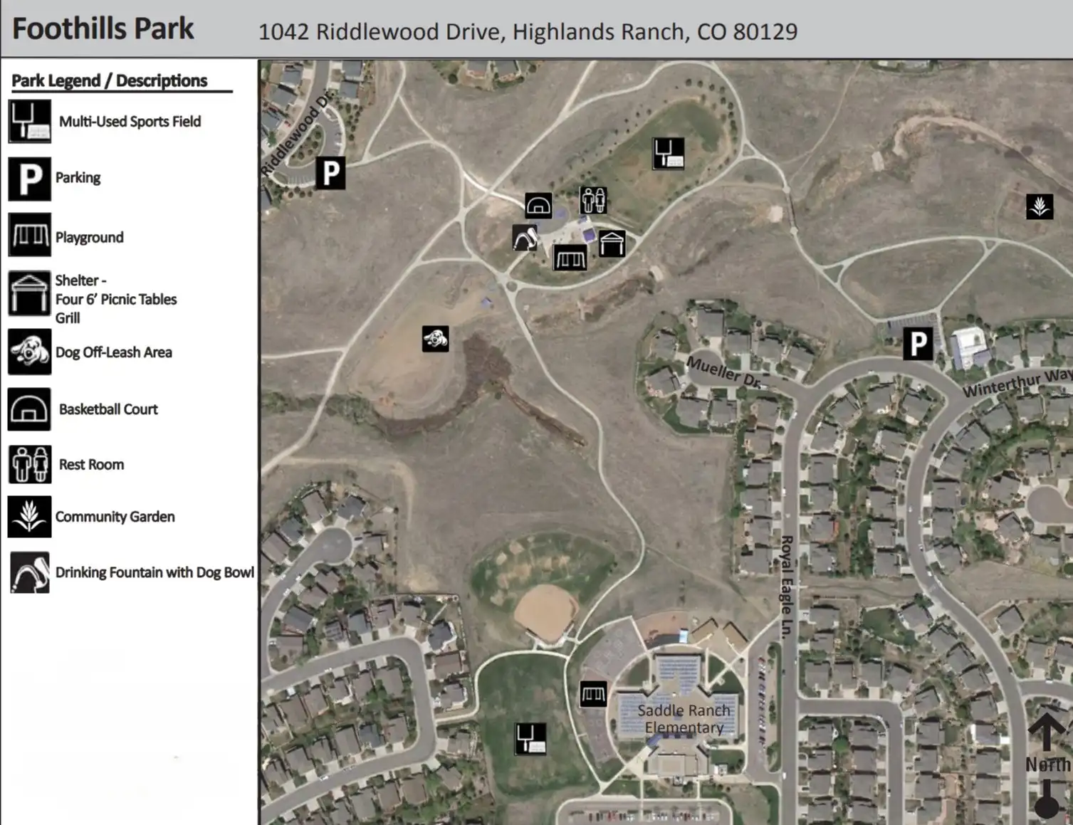 Aerial map and layout of Foothills Park at 1042 Riddlewood Drive in Highlands Ranch showing the 19-plot community garden, pavilion, playground, water feature, basketball court, and sports fields