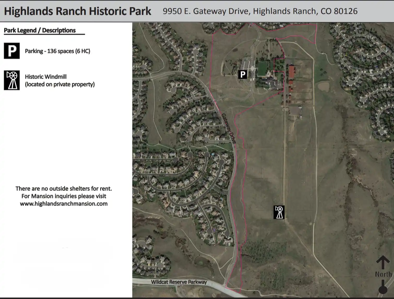 Aerial map and layout of Highlands Ranch Historic Park at 9950 E. Gateway Drive showing scenic walking trails and historic windmill viewpoint