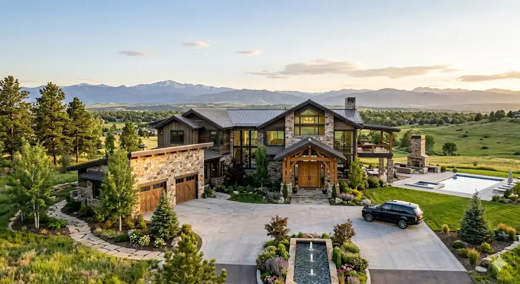 Aerial view of a luxury custom home in Highlands Ranch, Colorado featuring a stone exterior, private pool, large driveway, and panoramic views of the Rocky Mountains.