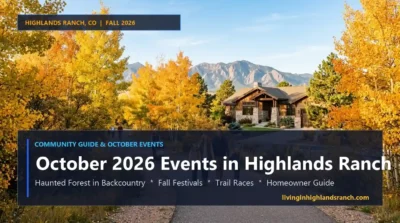 Families enjoying fall community activities and scenic autumn foliage along the neighborhood trails in Highlands Ranch, Colorado.