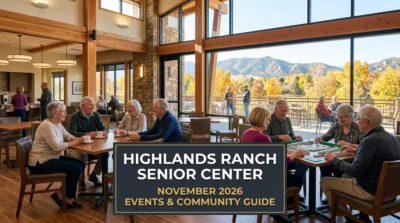 Highlands Ranch Senior Center November 2026 events and community guide showing older adults enjoying coffee and activities