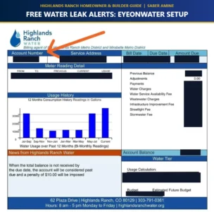 Highlands Ranch Water bi-monthly utility bill showing an orange arrow pointing to the Account Number box needed to register for the free EyeOnWater leak alert app