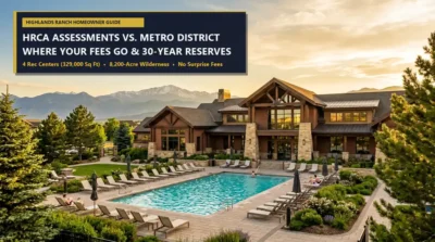 Resort-style HRCA recreation center pool and greenbelt park in Highlands Ranch Colorado with Front Range mountain views
