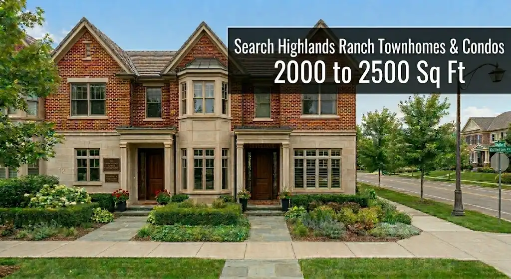 Two-story townhomes from 2,000 to 2,500 square feet in Highlands Ranch, Colorado featuring brick and siding architecture, attached garages, and manicured landscaping.