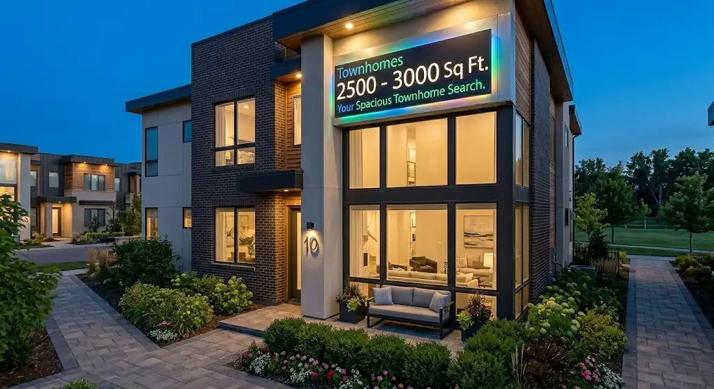 Modern two-story luxury townhomes from 2,500 to 3,000 square feet in Highlands Ranch, Colorado at dusk with large windows and landscaped walkways.