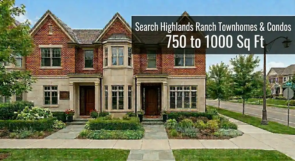 Highlands Ranch condos and townhomes between 750 and 1,000 square feet featuring single-level floor plans, private balconies, and low-maintenance exteriors.