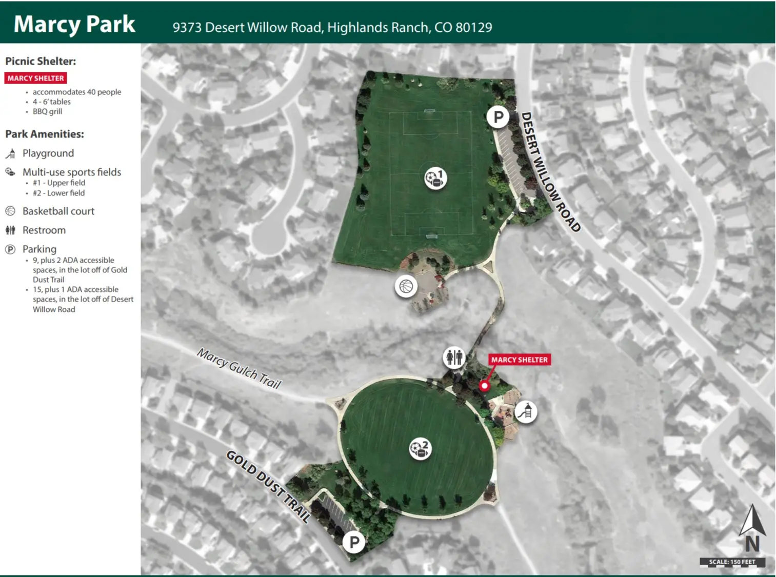 Map and amenity layout of Marcy Park at 9373 Desert Willow Road in Highlands Ranch showing the renovated playground, basketball court, 40-person picnic pavilion, multi-use sports fields, restrooms, and Marcy Gulch Trail connections
