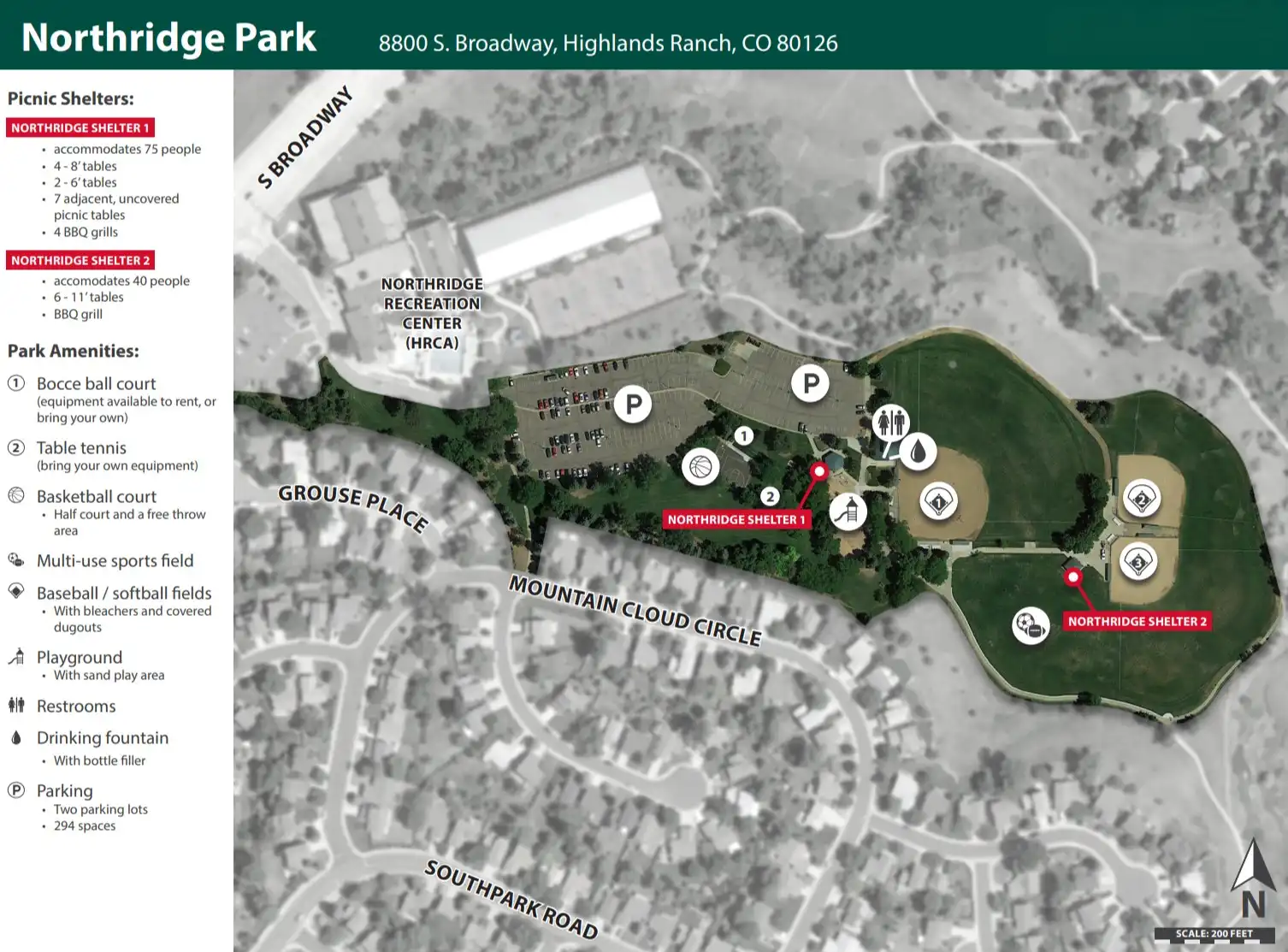 Aerial map and layout of Northridge Park at 8800 S. Broadway in Highlands Ranch showing Shelter 1 and Shelter 2 pavilions, bocce ball court, table tennis, basketball court, playground, and sports fields