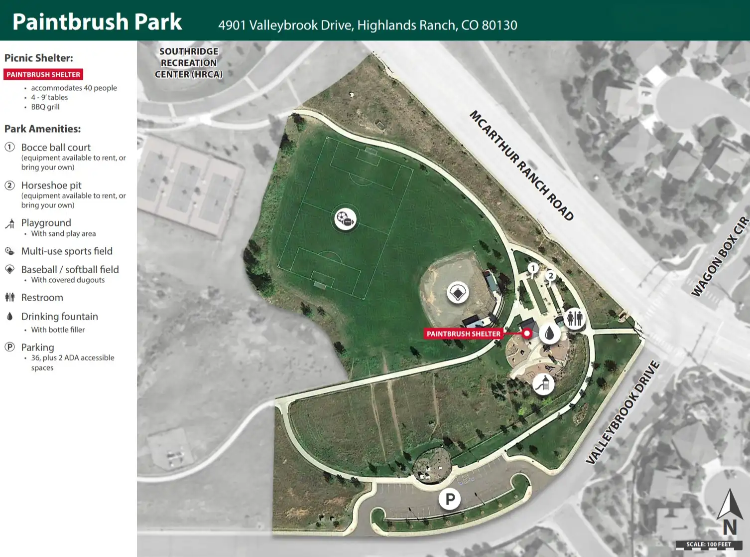 Map and amenity layout of Paintbrush Park at 4901 Valleybrook Dr in Highlands Ranch showing water features, sand play area, bocce court, pavilion, and sports fields