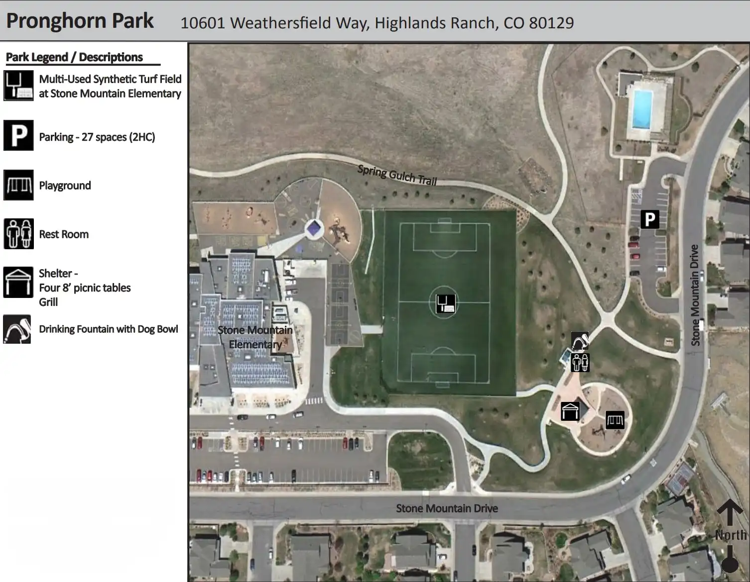 Pronghorn Park map at 10557 Weathersfield Way in Highlands Ranch CO 80129 showing water features, sand play area, playground, pavilion, restrooms, and sports fields