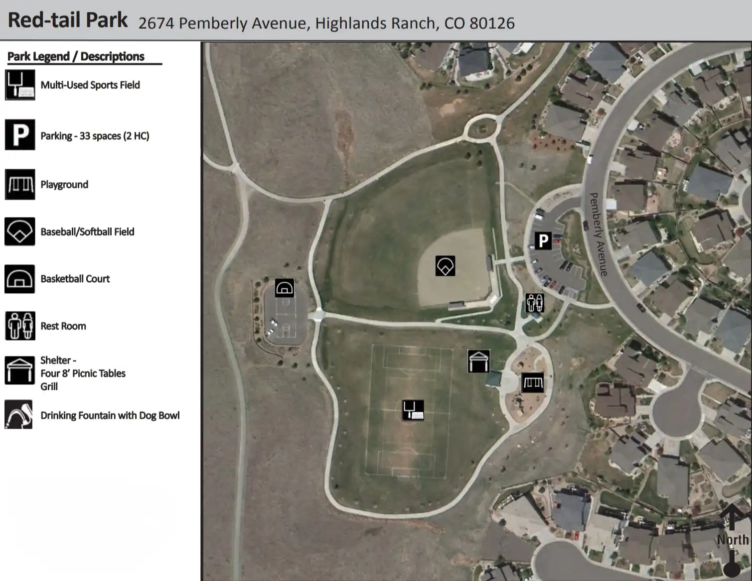 Map and layout of Red-tail Park at 2674 Pemberly Ave in Highlands Ranch showing water features, sand play area, 40-person pavilion, restrooms, basketball courts, and sports fields