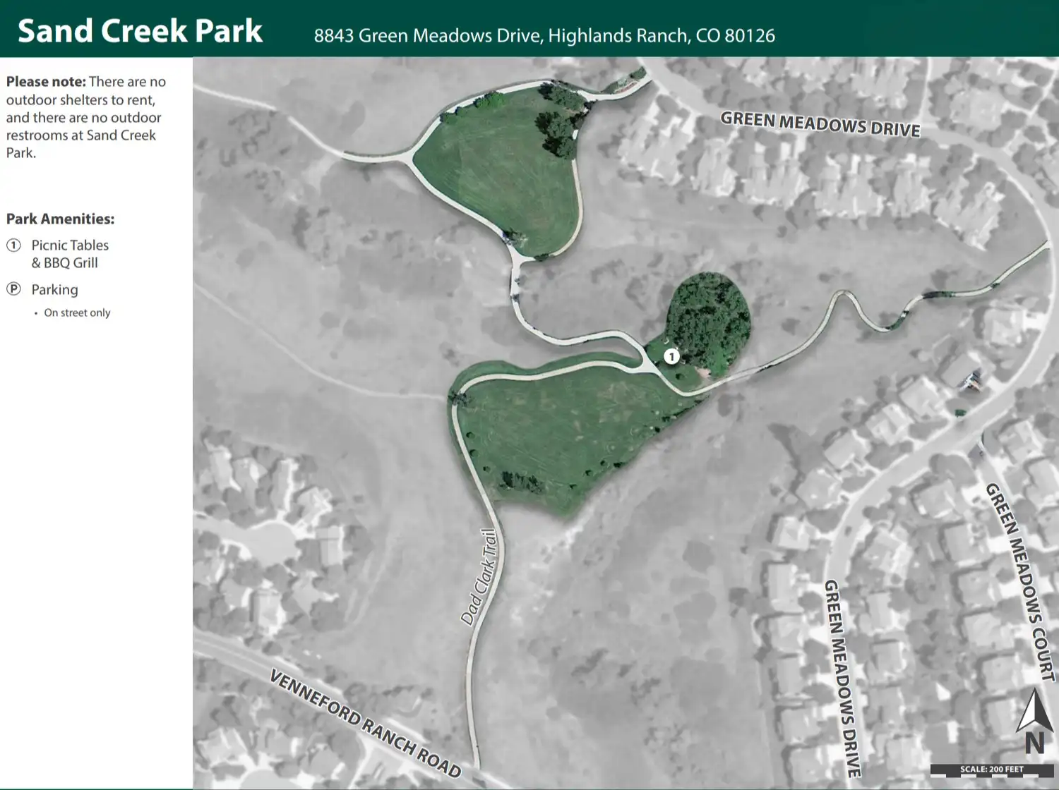 Map and layout of Sand Creek Park at 8843 Green Meadows Dr in Highlands Ranch showing picnic tables, barbecue grills, and surrounding 80126 neighborhood streets