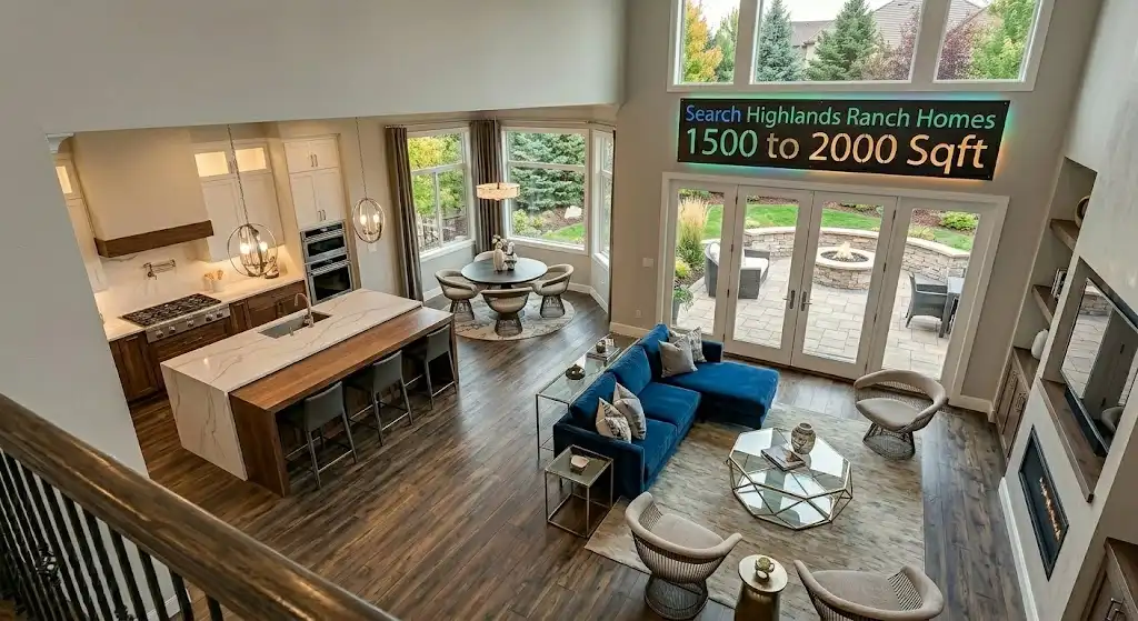 Open-concept kitchen island, dining nook, and living area with glass patio doors inside a 1,500 to 2,000 square foot home in Highlands Ranch, Colorado.