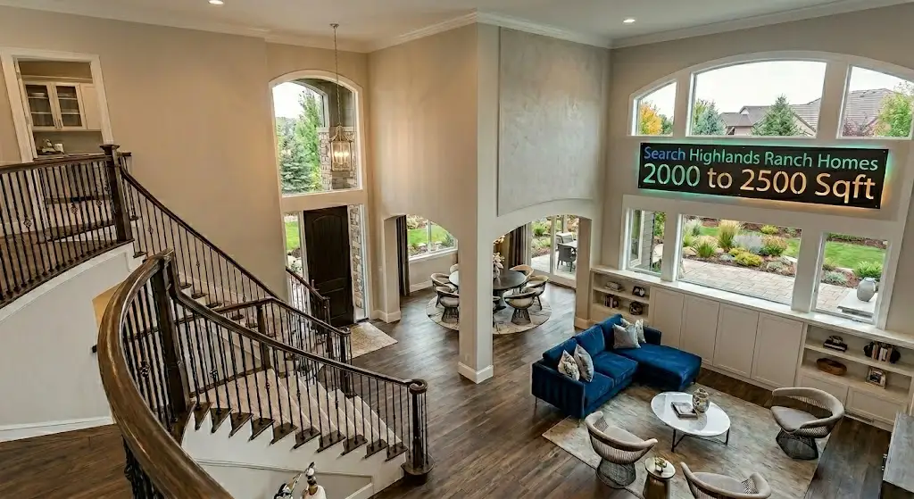 Bright two-story living room with vaulted ceilings, wood staircase railing, and large windows in a 2,000 to 2,500 square foot Highlands Ranch home.