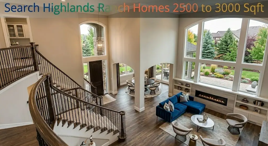 Bright two-story living room in a 2,500 to 3,000 square foot Highlands Ranch single-family home with floor-to-ceiling windows and curved staircase