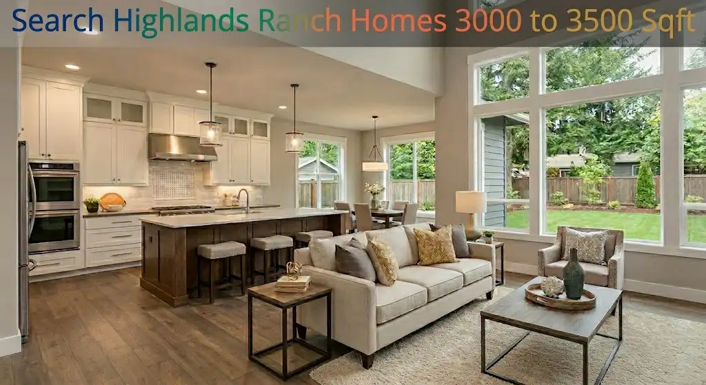 Bright open-concept kitchen and great room inside a 3,000 to 3,500 square foot single-family home in Highlands Ranch, Colorado.