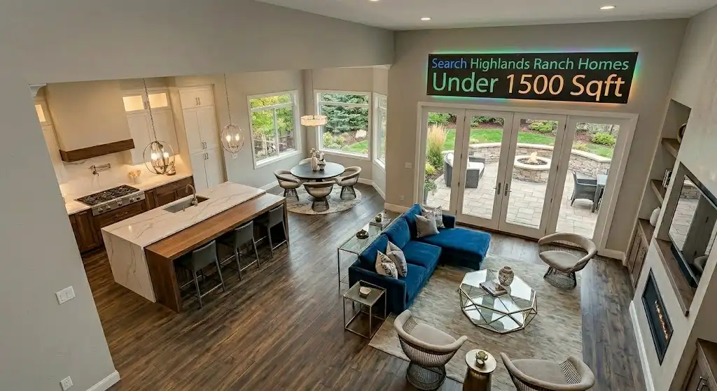 Bright open-concept living room with sliding patio doors inside a single-family home under 1,500 square feet in Highlands Ranch, Colorado.