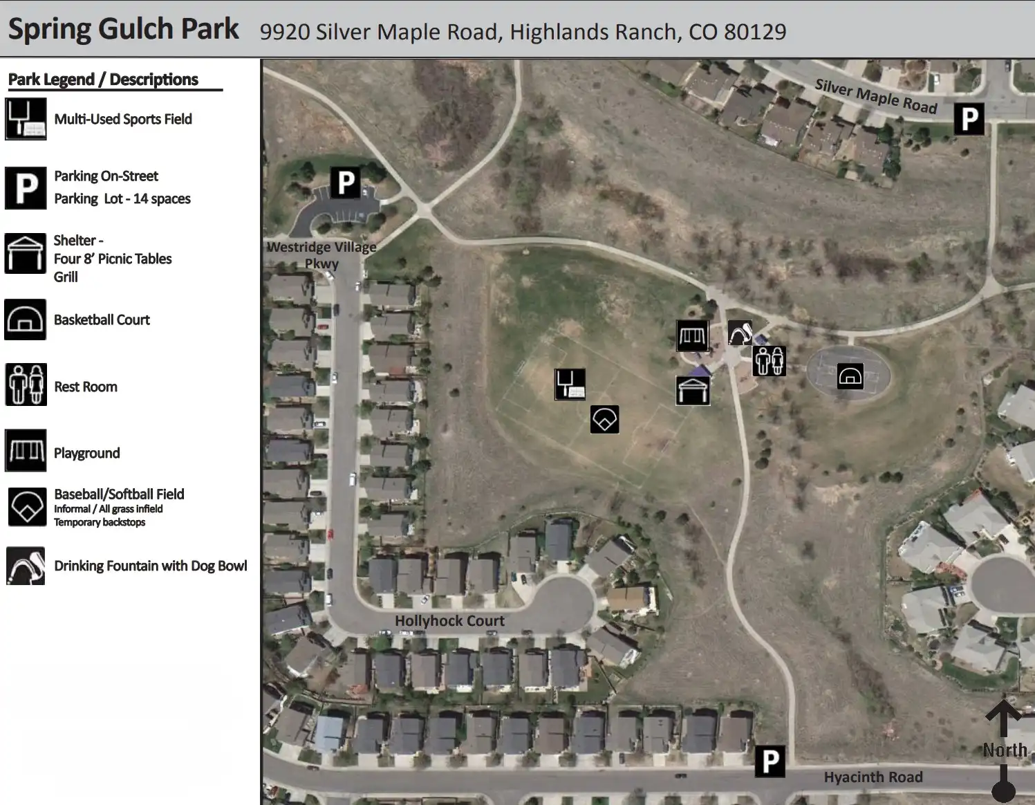 Spring Gulch Park map at 10404 Hollyhock Ct in Highlands Ranch CO 80129 showing basketball courts, sports fields, playground, 40-person pavilion, restrooms, and trails
