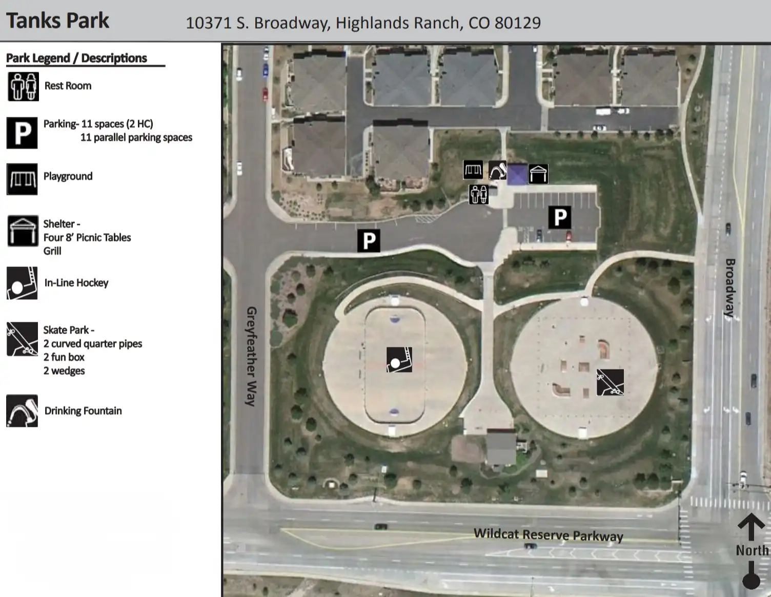 Map and layout of Tanks Park at 10371 S. Broadway in Highlands Ranch showing Tanks Skate Park, four outdoor pickleball courts, inline hockey rink, playground, pavilion, and restrooms